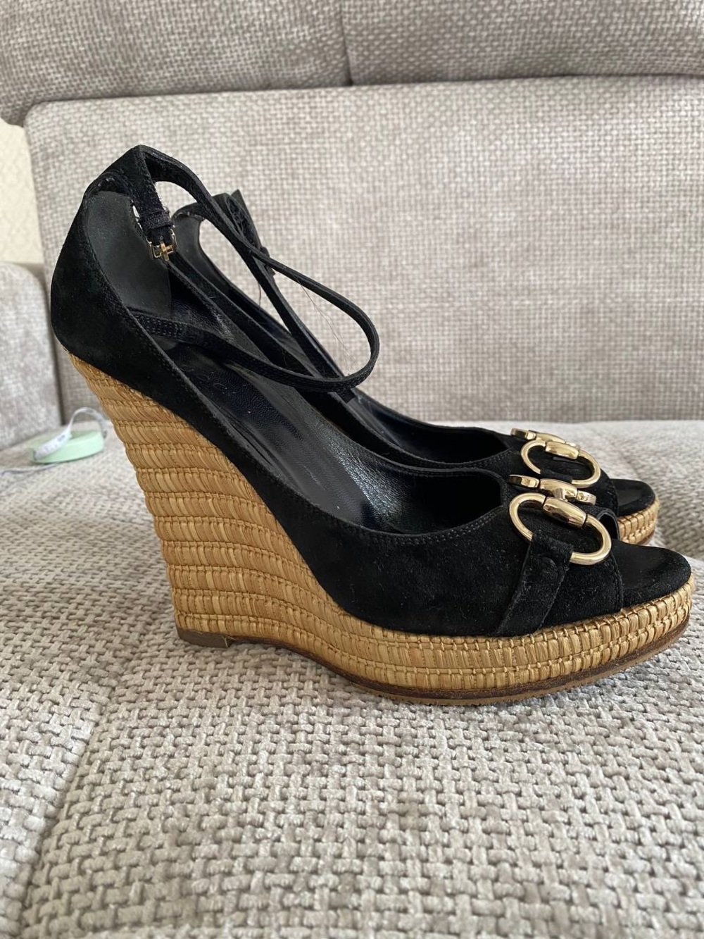 Gucci Black Suede Horsebit Wedge Espadrille Platform Sandals - Picture 2 of 16
